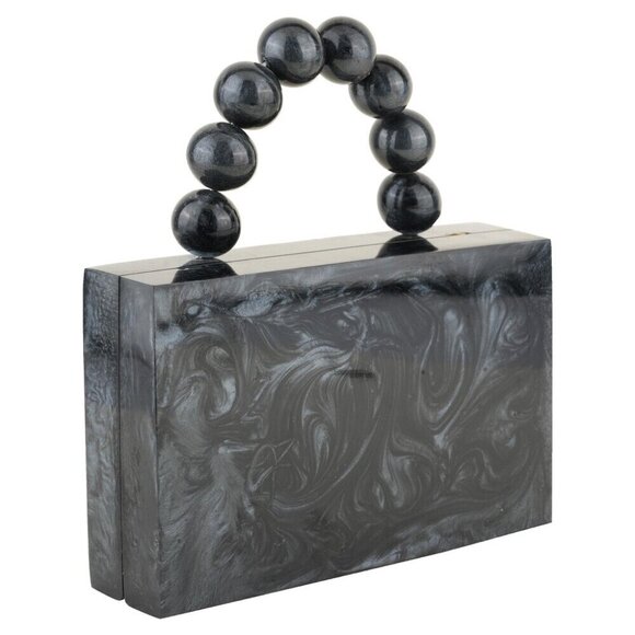 Handbags - Small Marble Black Pearl Acrylic Box Beaded Handle Black & Gray Box Snap Clutch